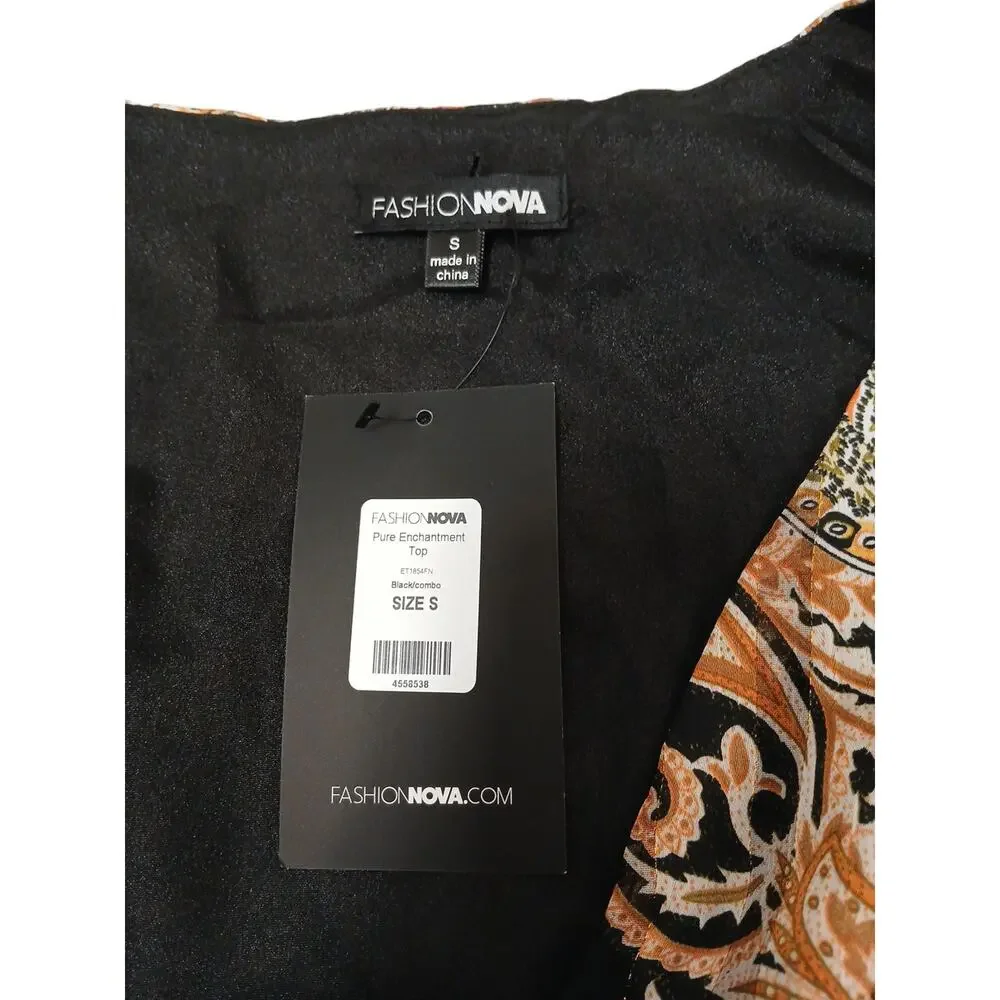 NEW Fashion Nova Blouse S Black Gold Equestrian‎ Paisely Babydoll Puff Sleeve